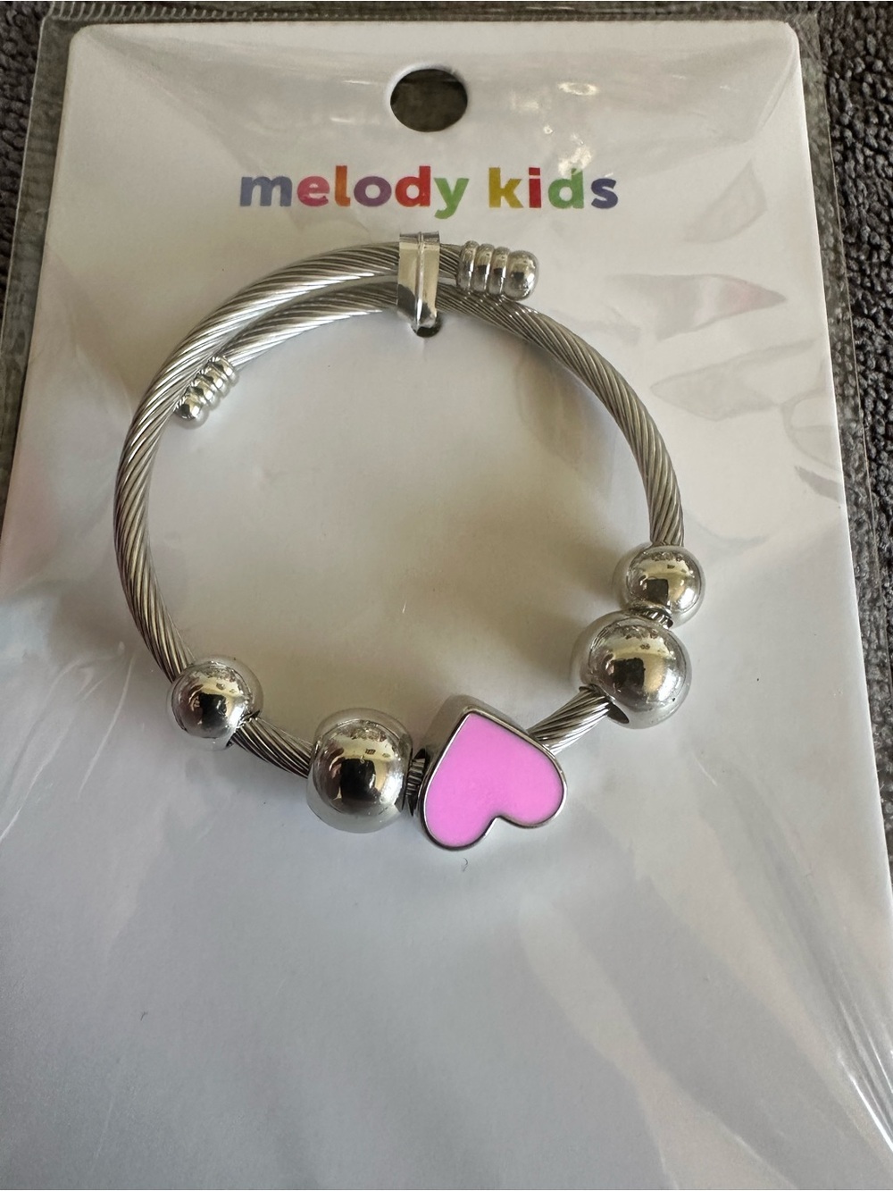Melody Kids Pink Heart Silver-Tone Cable Bracelet